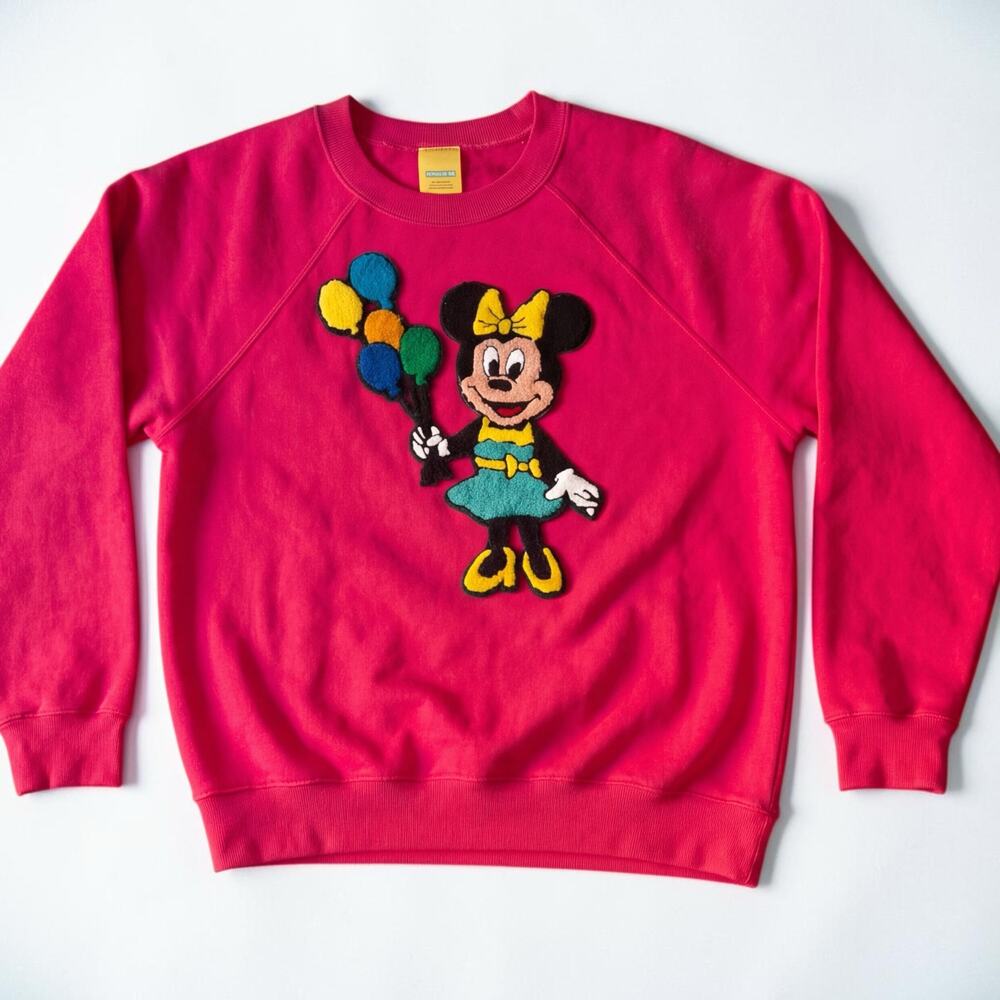 Vintage 90s Minnie Mouse Chenille Applique Crewneck Sweatshirt Fuchsia Pink XL